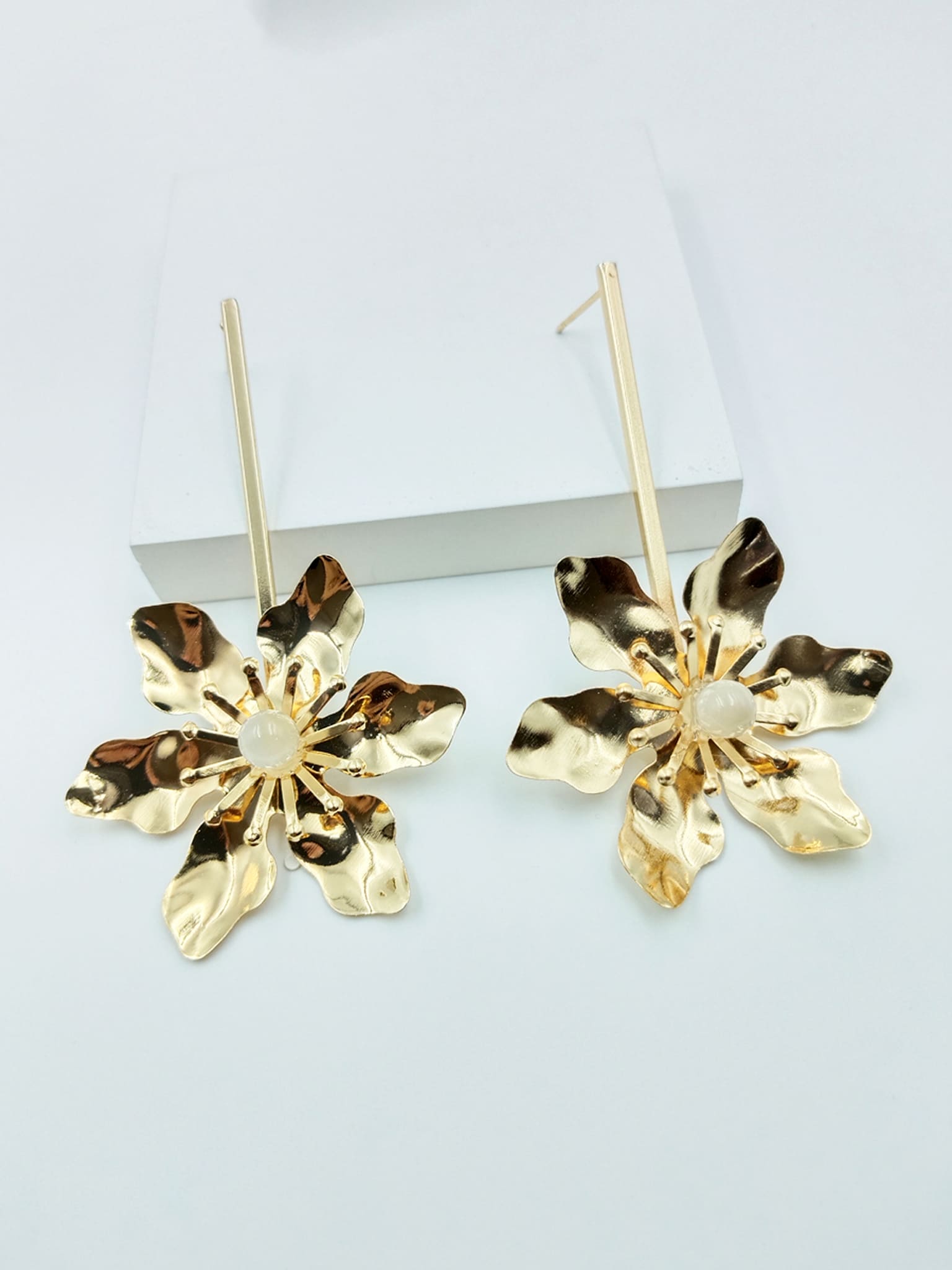 Golden Petal Drop Statement Earrings