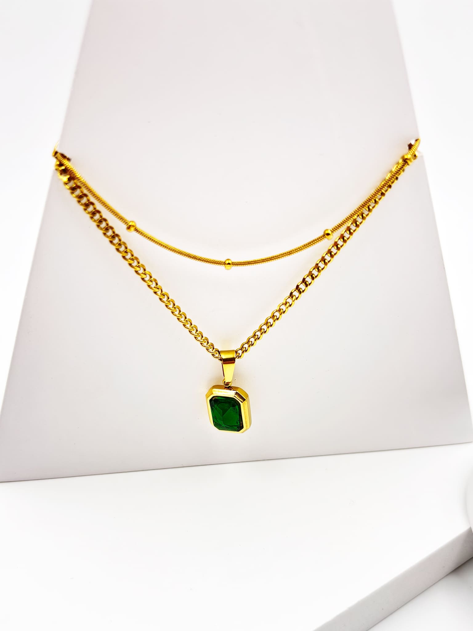 Emerald Duo Two-Layer 18K Gold Plated Anti-Tarnish Necklace