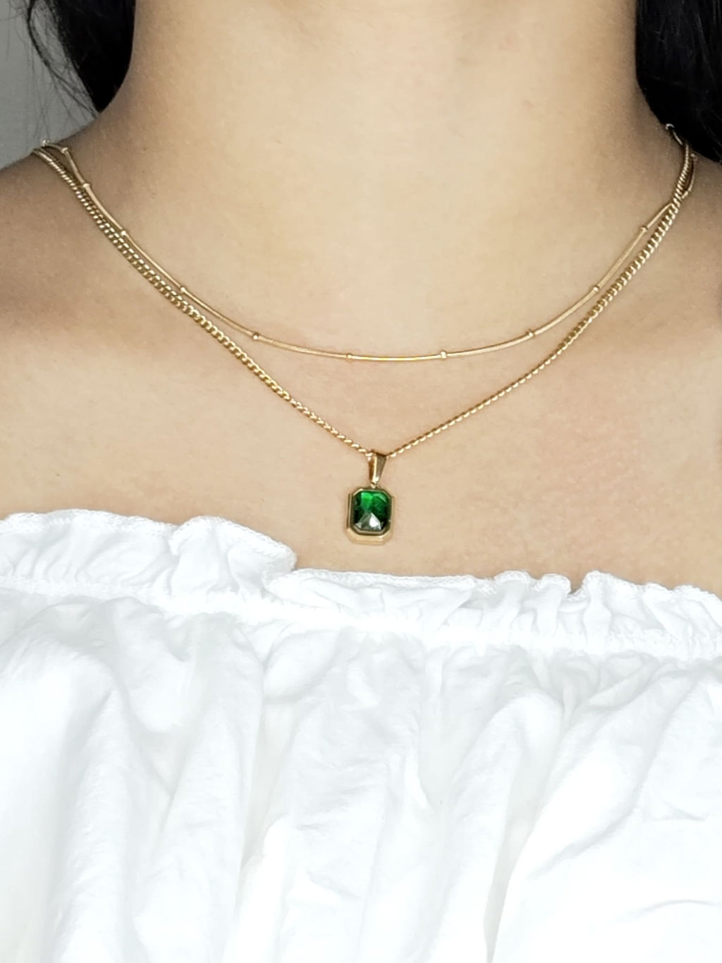 Emerald Duo Two-Layer 18K Gold Plated Anti-Tarnish Necklace